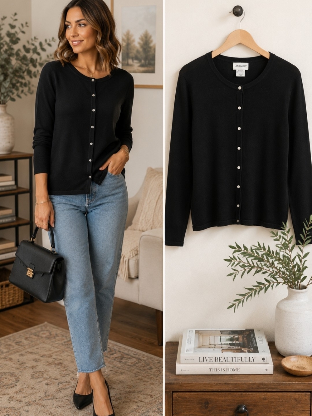 Liz Baker Black Button Front Cardigan Sweater XL Classic Lightweight Layering